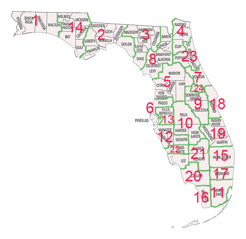 A map of Florida's counties with counties labeled. Florida is shaped liked an "L" rotated 180 degrees. Many of the county borders follow the winding courses of river, some are straight. Some of larger counties tend to be in the center of the state.